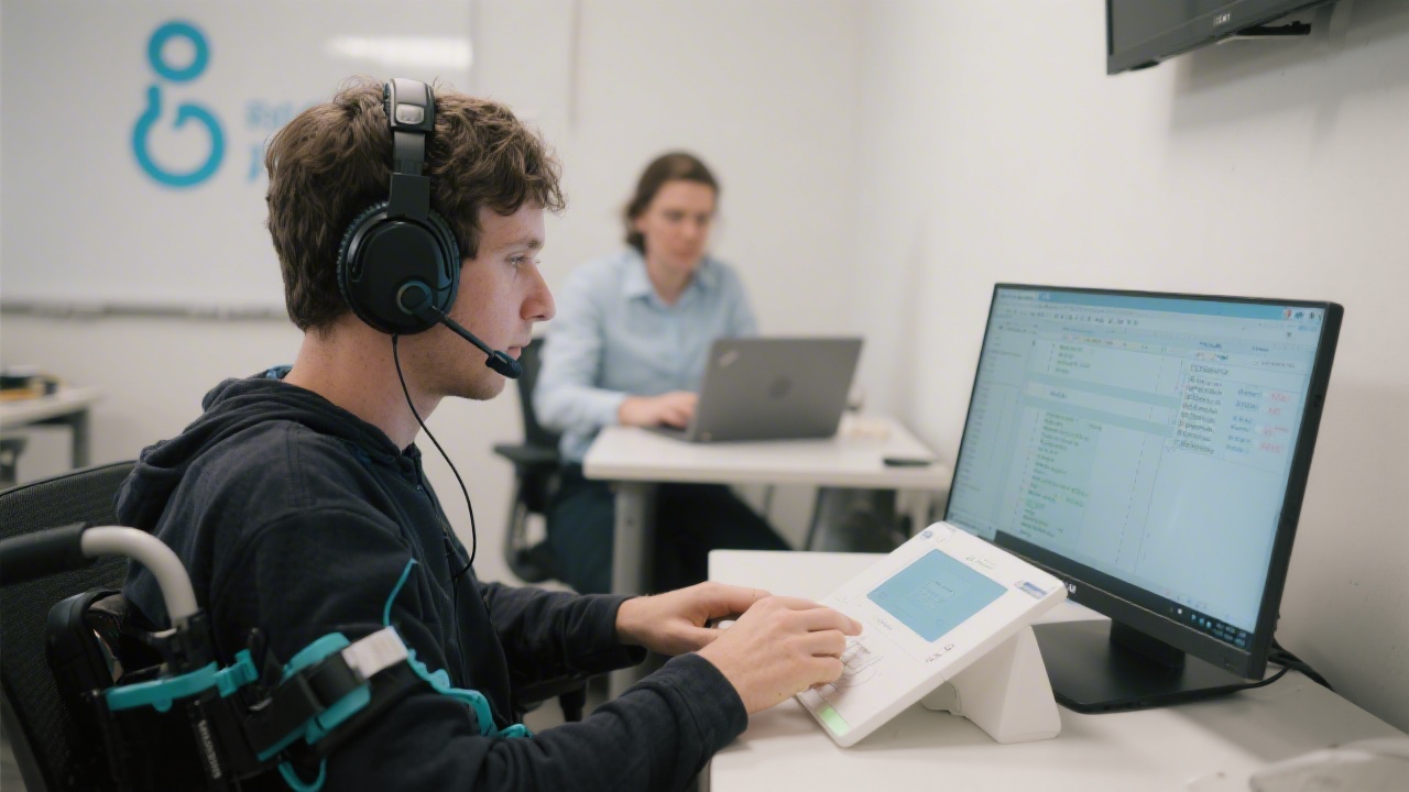 User with assistive technology navigating a prototype using screen reader headphones while a researcher monitors event logs on a laptop inside an inclusive usability testing room