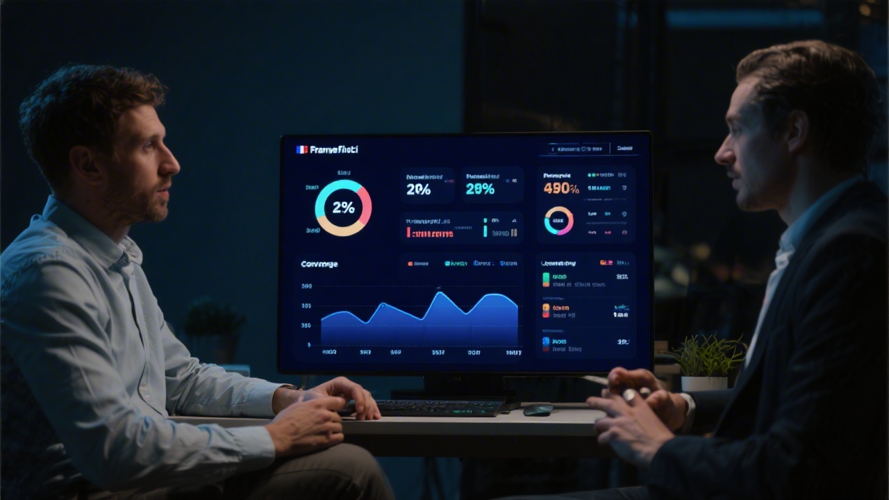 High resolution dashboard analytics mockup with conversion metrics displayed on a dark background while two strategists discuss incremental improvements for a French fintech product launch