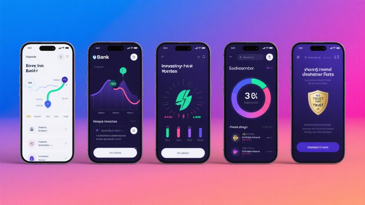 Vibrant mobile banking interface screens aligned on a gradient surface showing intuitive navigation, energy usage insights, and trust badges prepared for investor demonstration event