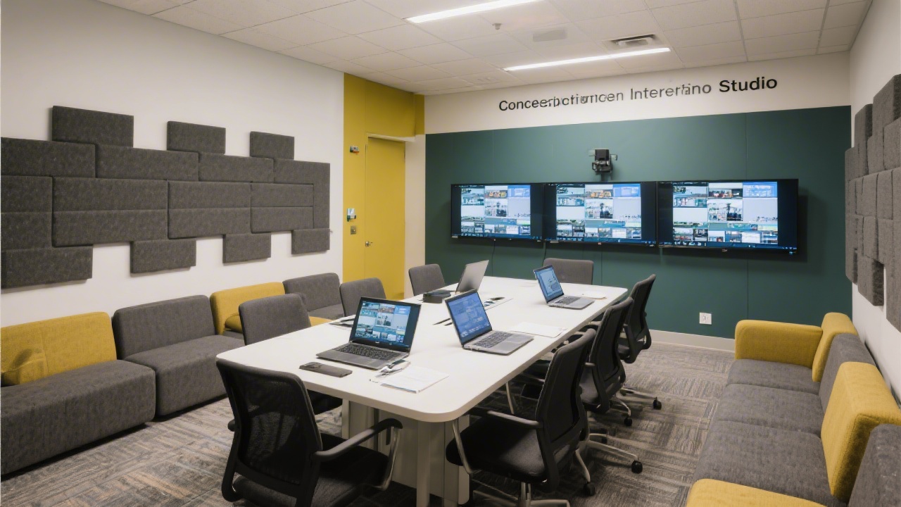 Interior view of Conception Interface Studio meeting room with acoustic panels, modular seating, and dual monitors prepared for hybrid client workshops and remote collaboration reviews