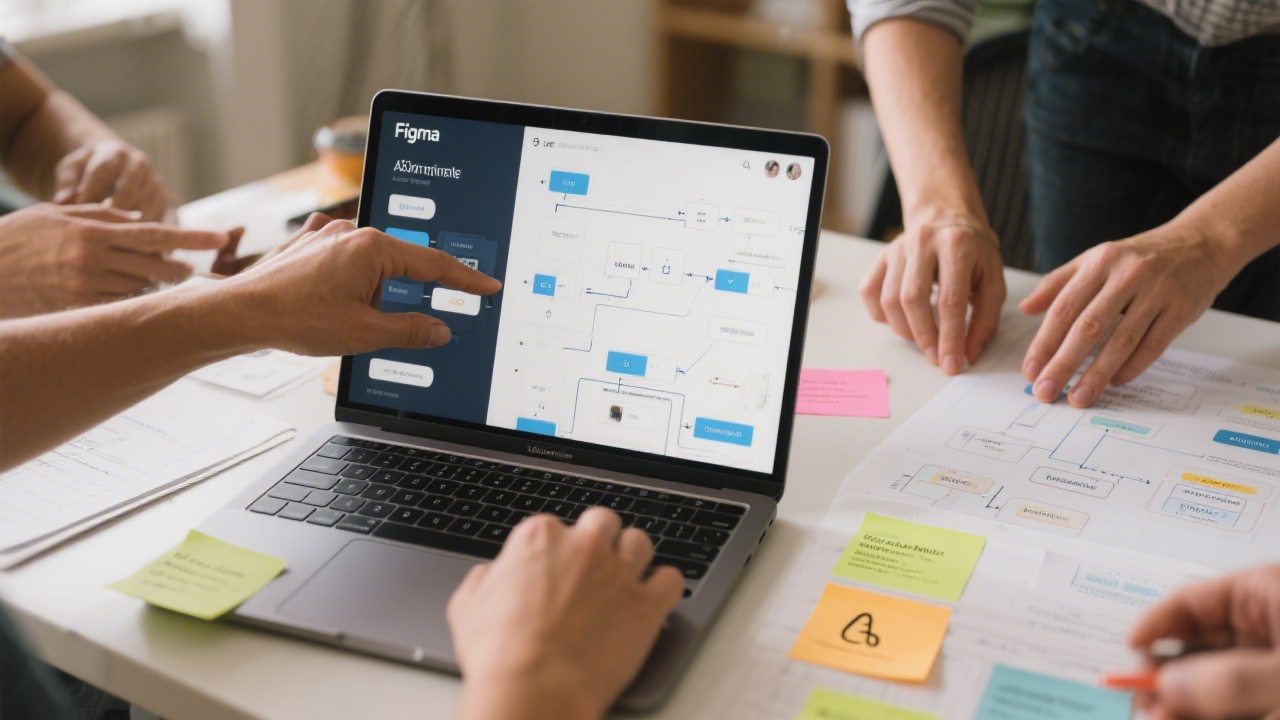 Close-up of collaborative prototyping session showing hands adjusting Figma components on a laptop beside printed interface flows and sticky notes describing accessibility requirements