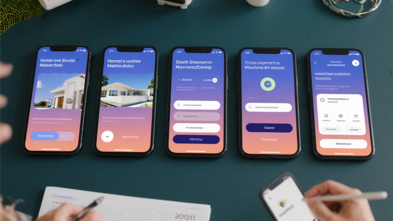 Series of mobile app mockups illustrating onboarding, booking, and payment flows with clear typography and expressive gradients reviewed during a sprint planning session for a hospitality startup