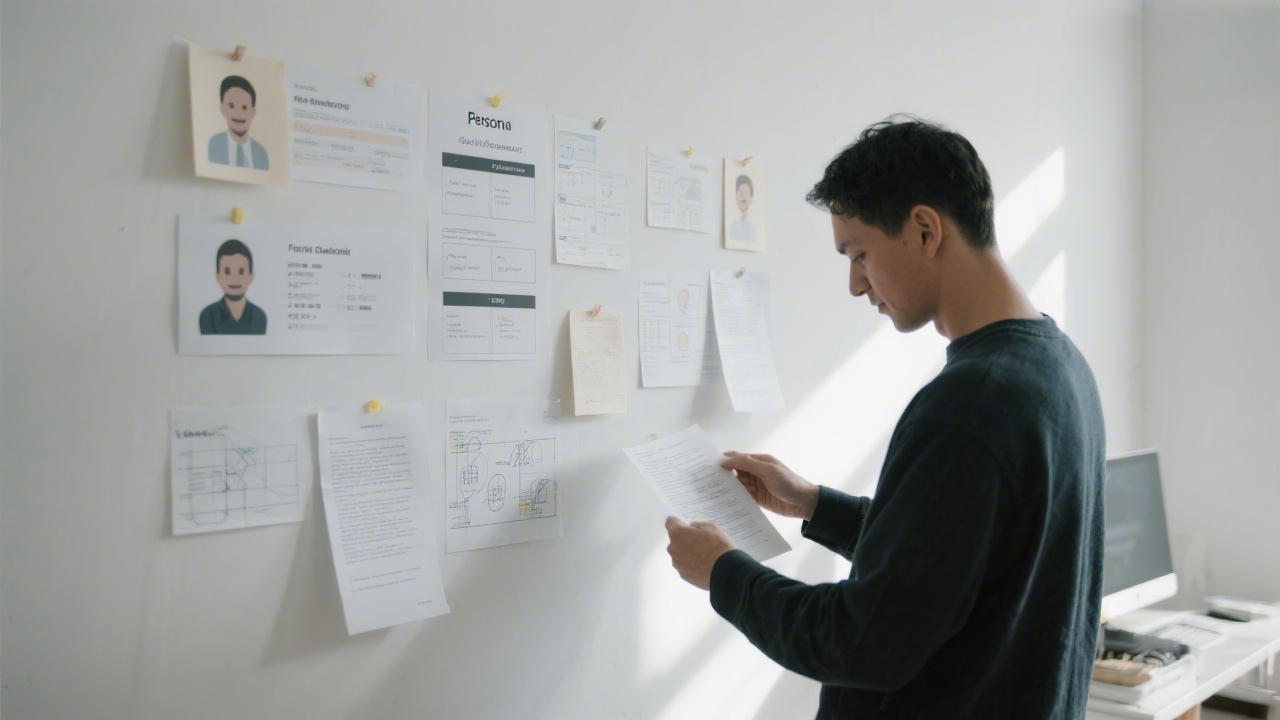Product designer reviewing qualitative research transcripts pinned on a wall while comparing persona frameworks and service blueprints in a calm studio mostly lit by indirect daylight