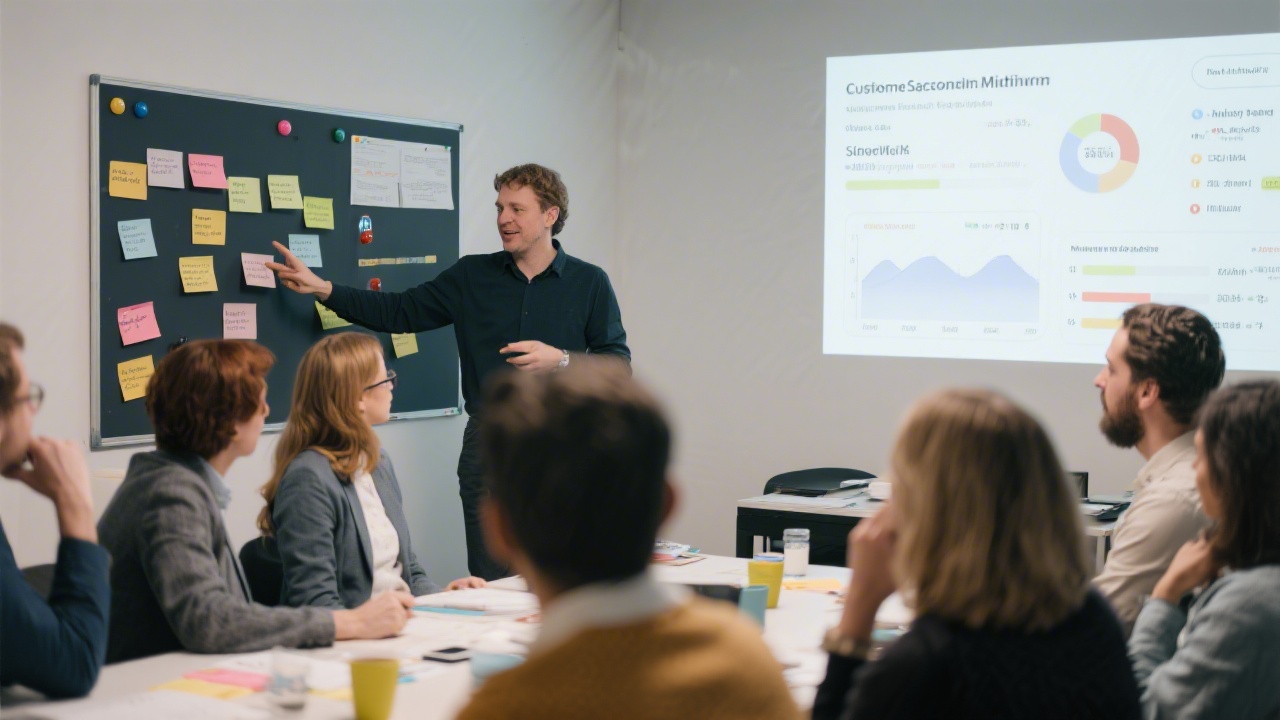 Facilitator leading a UX workshop with stakeholders clustering insights on a magnetic board while a projector displays customer satisfaction metrics collected after beta tests