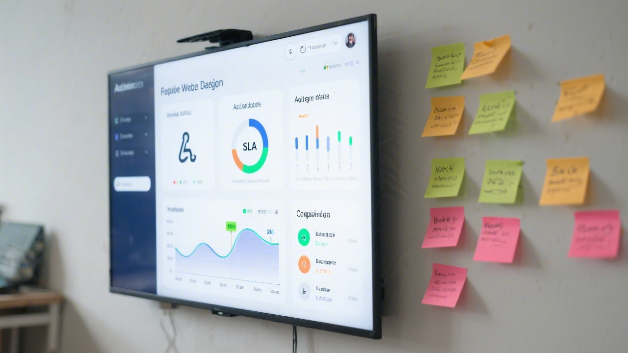 Responsive web dashboard design showing accessibility status, SLA indicators, and collaboration timelines projected on a large display beside sticky notes documenting backlog prioritisation